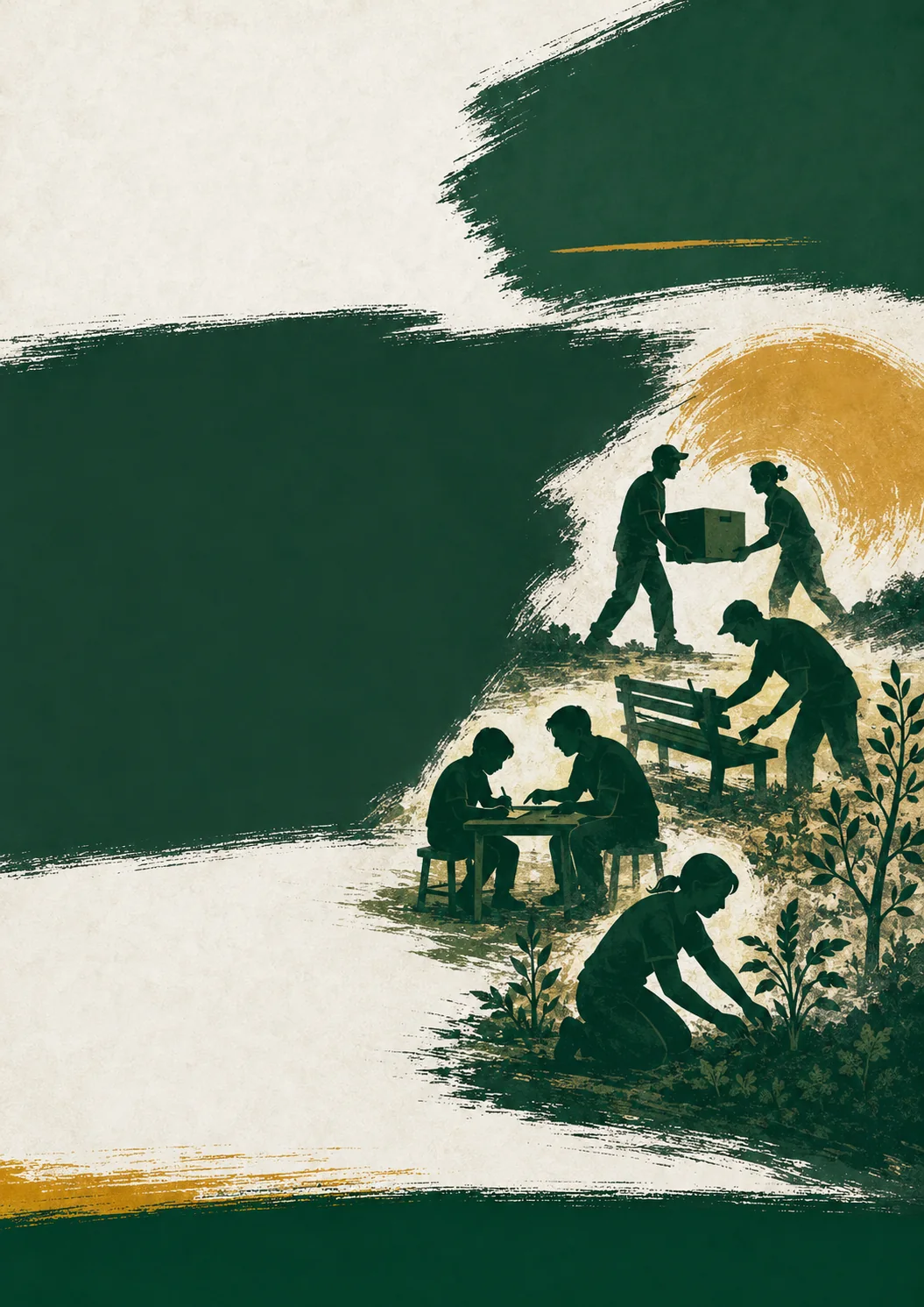 Ilustrace dobrovolníků při doučování, výsadbě a praktické pomoci.