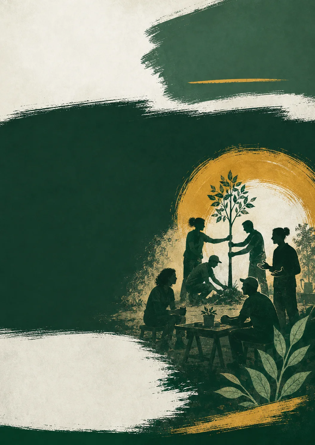 Ilustrace komunitních pracovníků a lidí při společné péči o komunitní prostor.