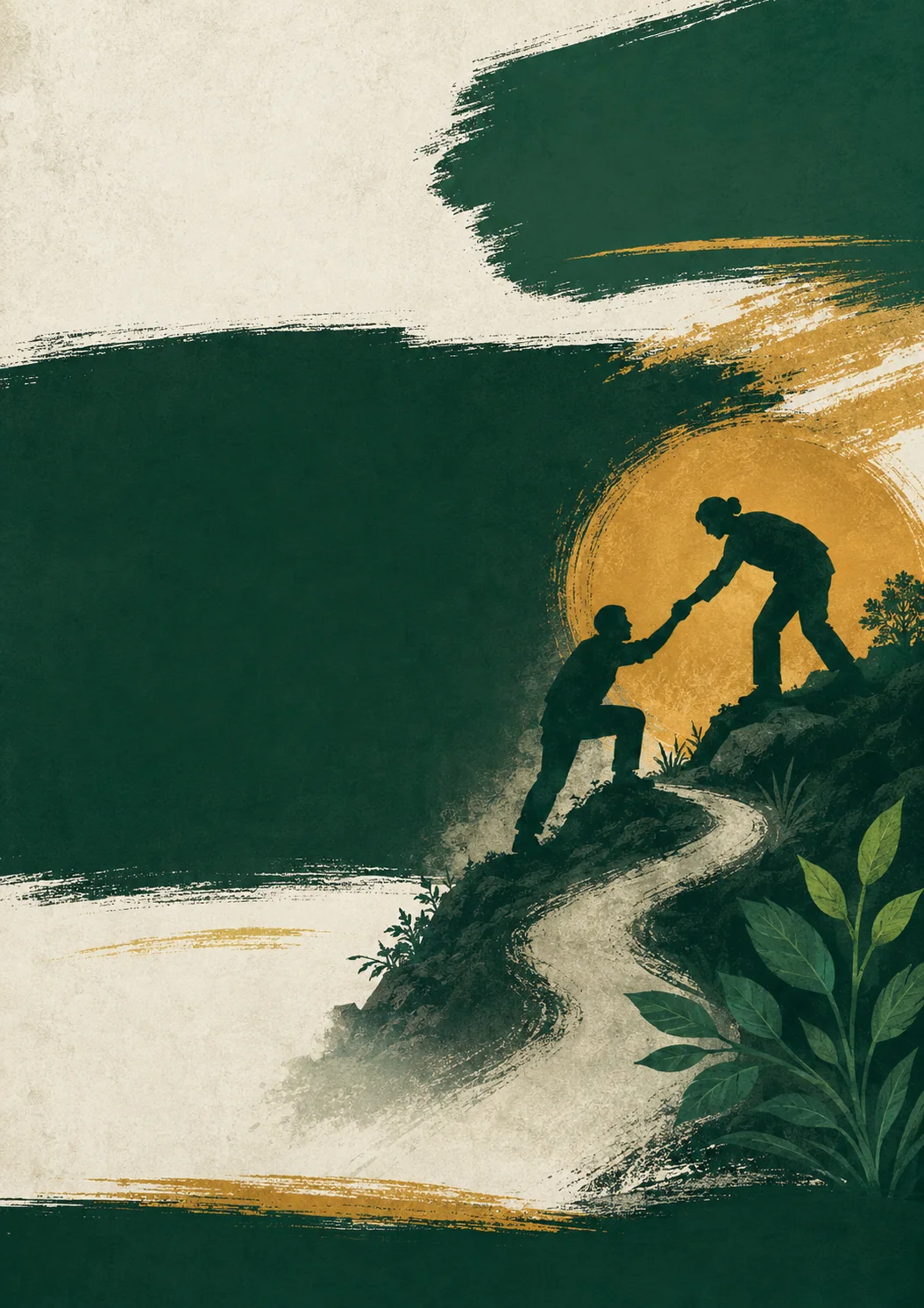 Ilustrace sociální pracovnice podávající ruku člověku na cestě vzhůru.